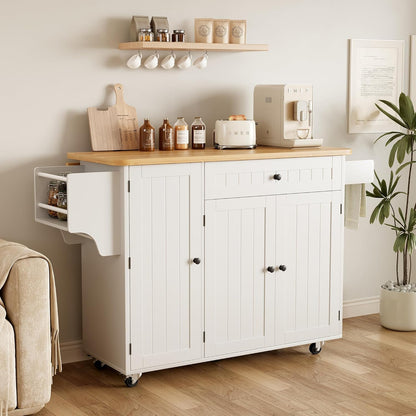Kitchen Island with Storage, 41.7" Rolling Cart with Drop Leaf, Portable Island Table on Wheels, Spice Rack, Towel Rack and Drawer, White, 41.7" L X 29.5" W