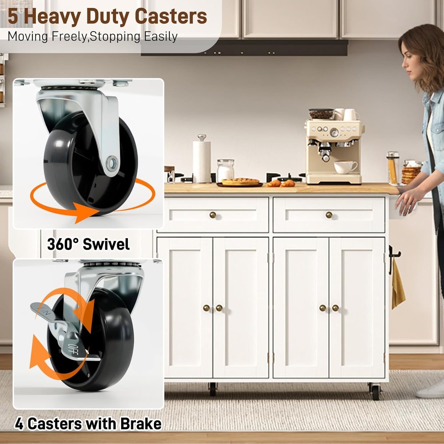 67" Large Movable Kitchen Island W/Sliding Drop Leaf,Power Outlet, Kitchen Rolling Island Cart W/ 2 Drawers, Island Table on Wheels W/ Trash Storage Cabinet,Spice Rack, Towel Bar,Garage Hook, White