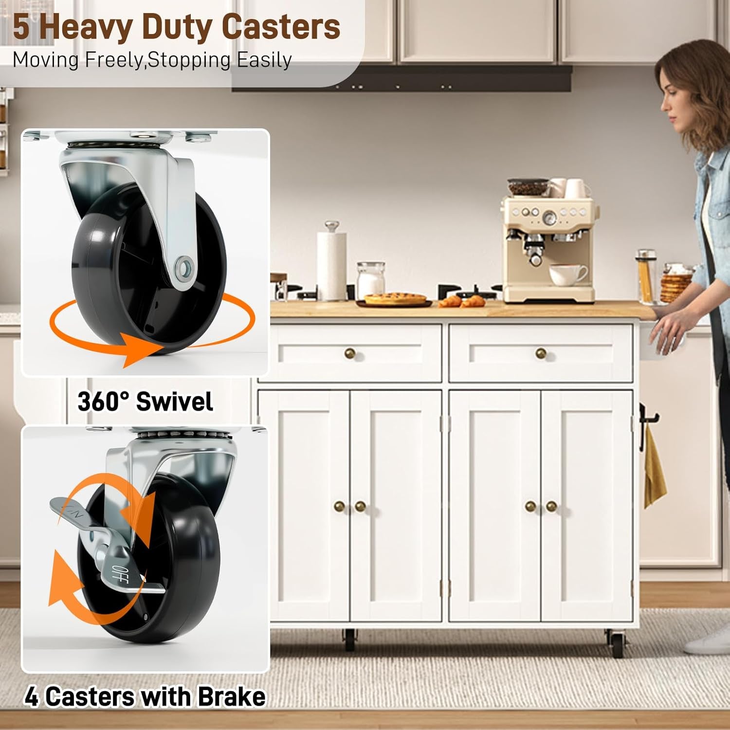 67" Large Movable Kitchen Island W/Sliding Drop Leaf,Power Outlet, Kitchen Rolling Island Cart W/ 2 Drawers, Island Table on Wheels W/ Trash Storage Cabinet,Spice Rack, Towel Bar,Garage Hook, White