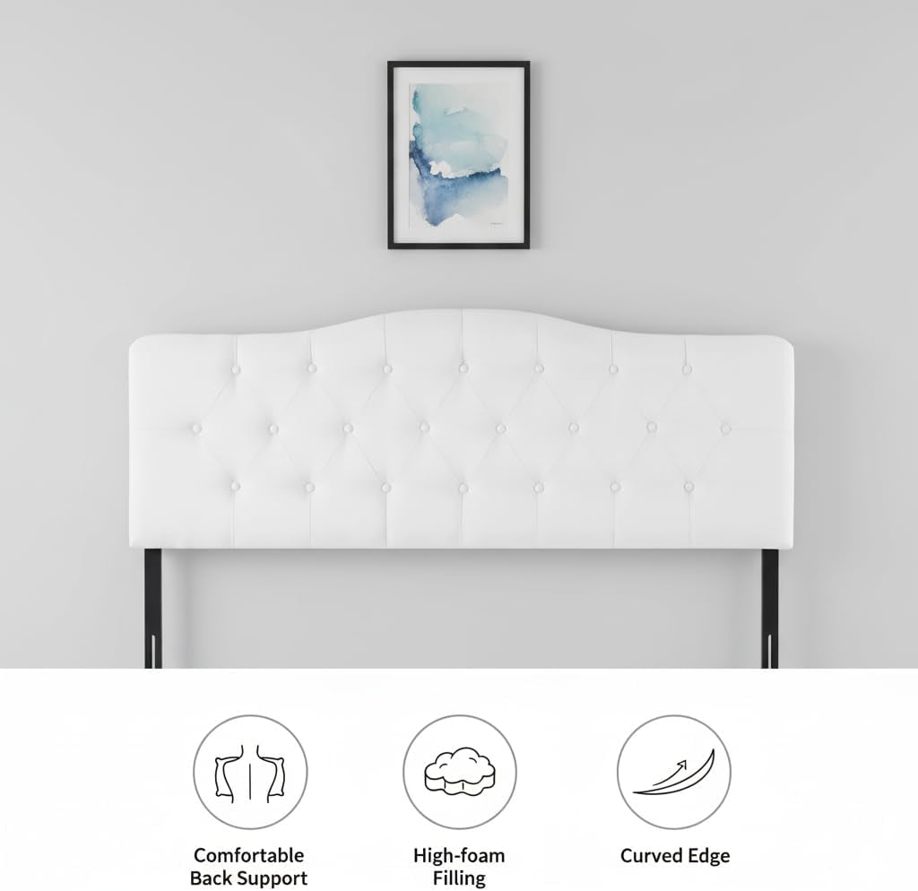 Cassandra Button Tufted Upholstered Headboard for Full & Queen – Linen Padded Panel, 12 Adjustable Height Settings, Wall or Bed Frame Mount