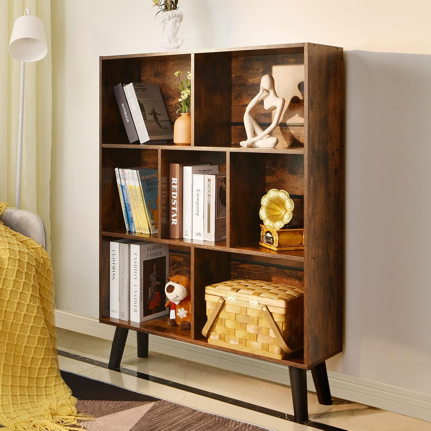 Cube Bookshelf 3 Tier Mid-Century Rustic Brown Modern Bookcase with Legs,Retro Wood Bookshelves Storage Organizer Shelf,Freestanding Open Book Shelves for Bedroom,Living Room,Office