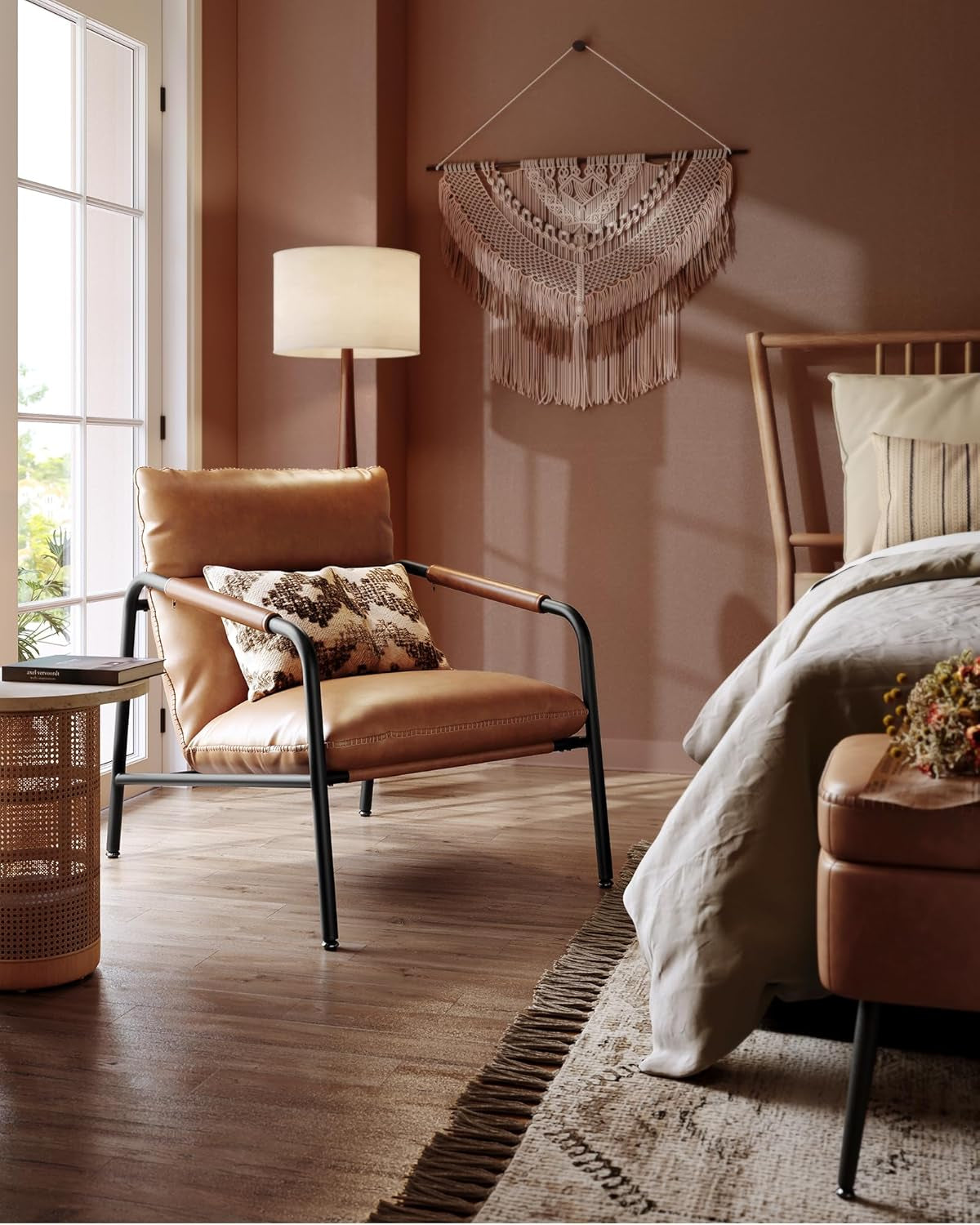 EKHO Collection - Accent Chair, Metal Framed Armchair, Synthetic Leather with Stitching, Mid-Century Modern, Sling Chair for Living, Bedroom, Reading Room, Lounge, Caramel Brown ULAC014K01