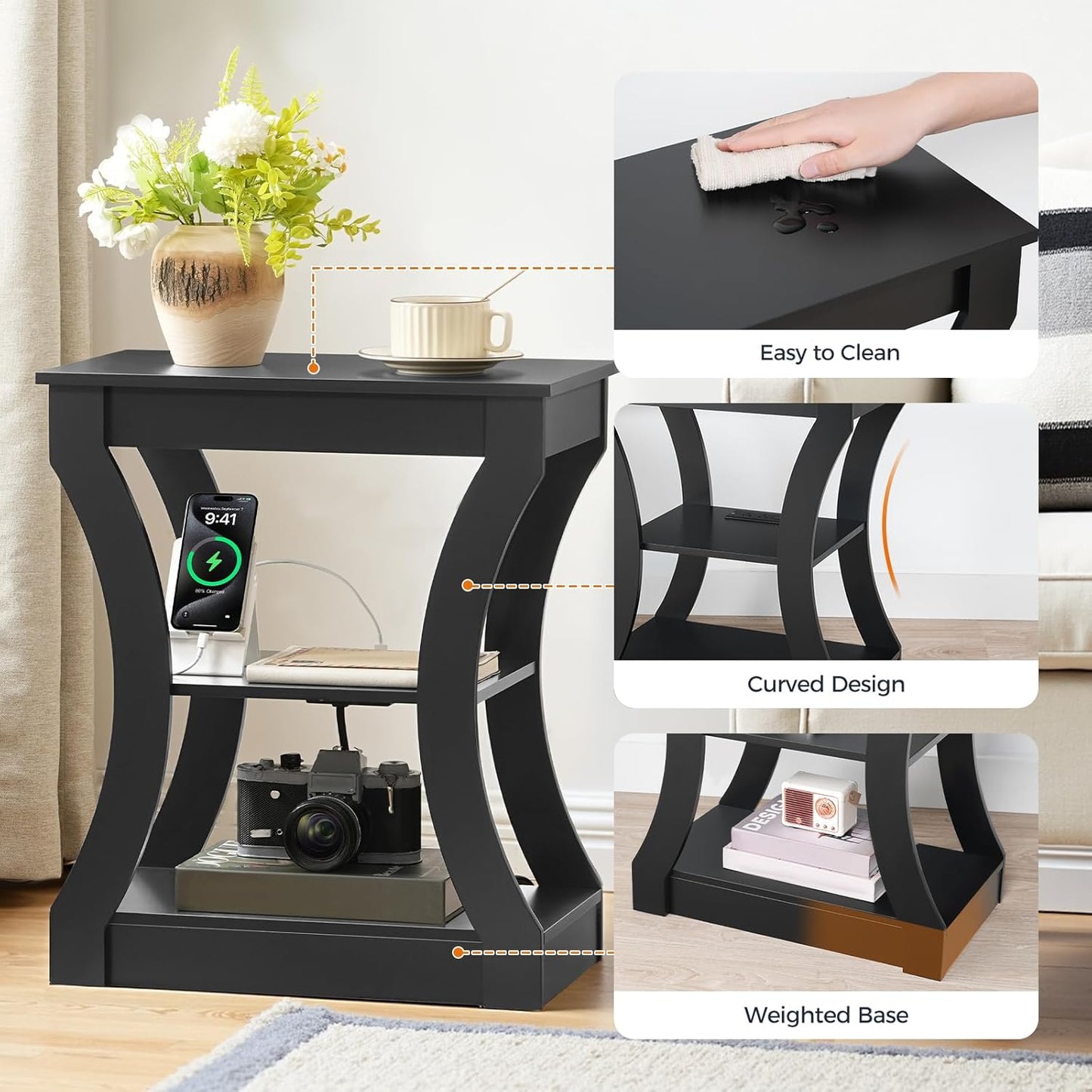 Black End Table with Charging Station, Skinny Side Table with USB Ports and Outlets, Nightstand, 3 Tier Bedside Table with Storage Shelf for Living Room, Bedroom, Small Space ETBK53E01