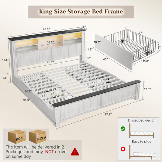 King Size Bed Frame and Headboard & Storage, 4 Drawers and LED Built in Charging Station King Bed Frame with Storage Farmhouse,No Noise,No Box Spring Needed,White