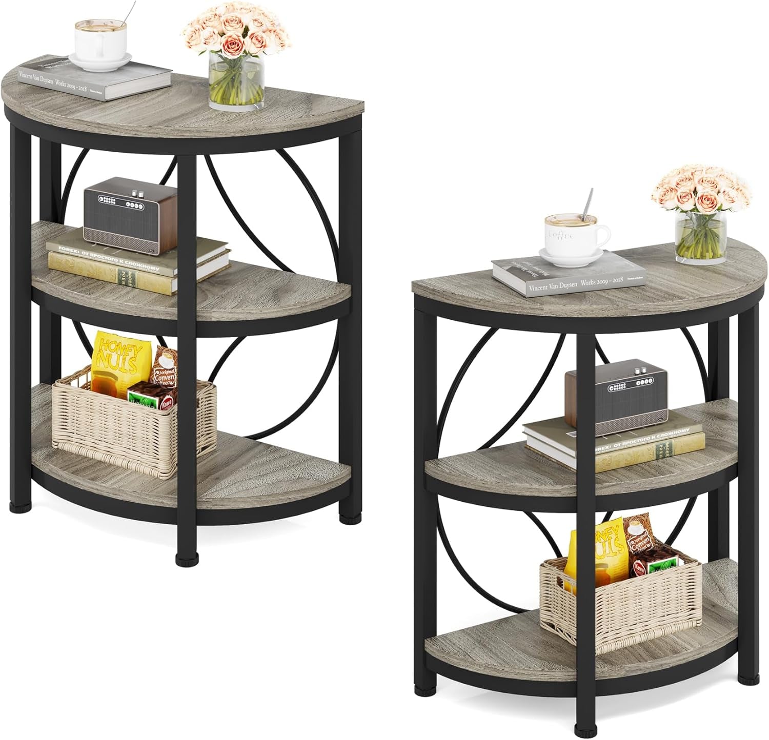 Half round End Table for Living Room Set of 2, 3-Tier Half Side Table with Metal Frame, Industrial Half Moon Table with Storage Shelves for Entryway, Bedroom, Grey