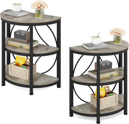 Half round End Table for Living Room Set of 2, 3-Tier Half Side Table with Metal Frame, Industrial Half Moon Table with Storage Shelves for Entryway, Bedroom, Grey
