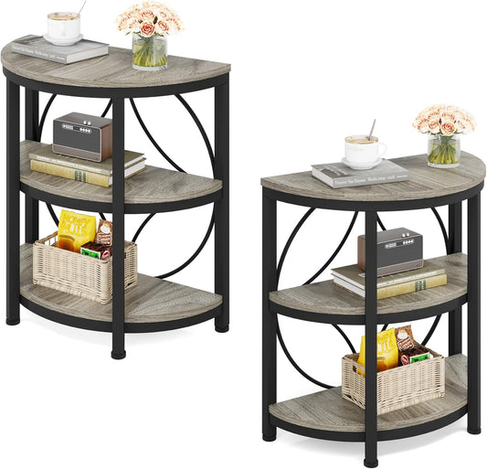 Half round End Table for Living Room Set of 2, 3-Tier Half Side Table with Metal Frame, Industrial Half Moon Table with Storage Shelves for Entryway, Bedroom, Grey