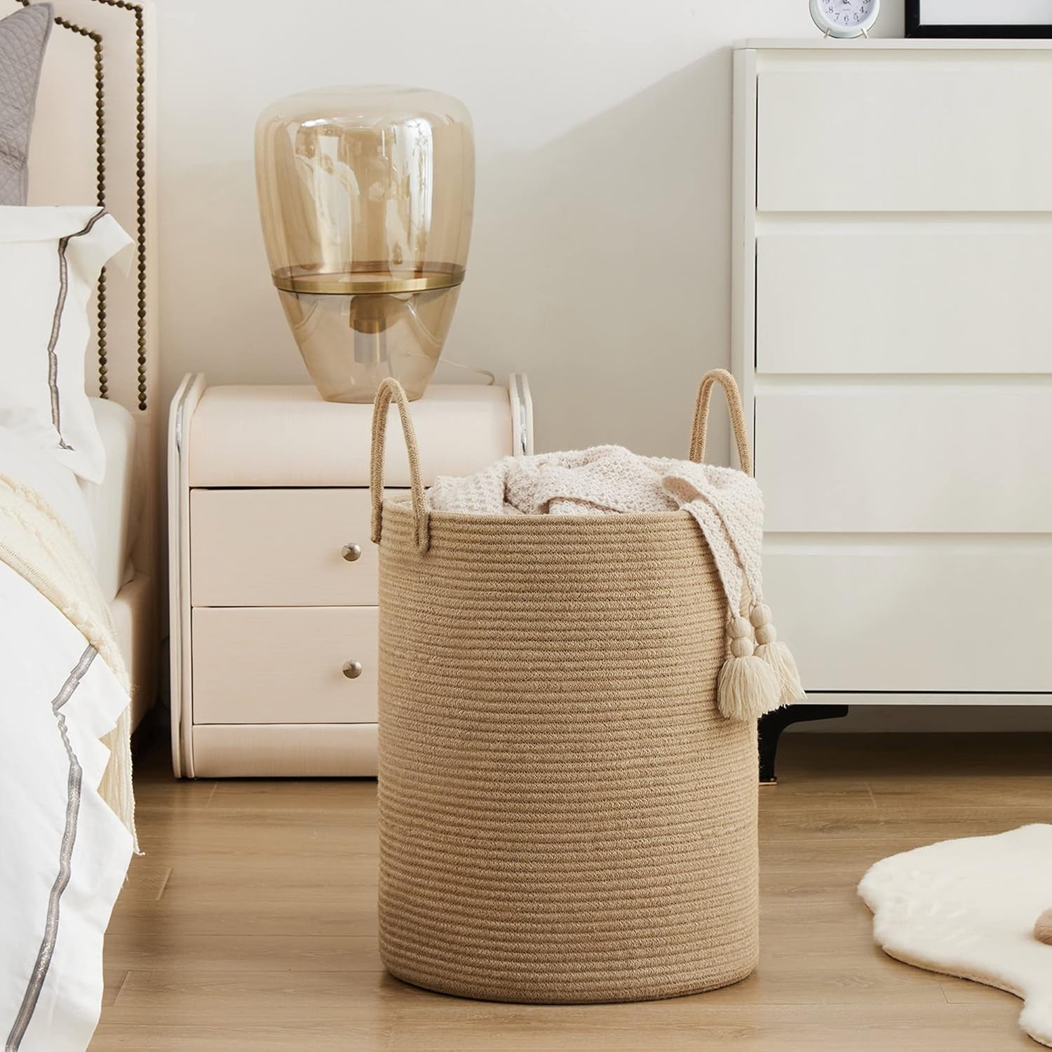 Jute Rope Laundry Hamper Basket by , 58L Tall Laundry Basket, Baby Nursery Hamper for Blanket Storage for Bedroom-Large-Jute