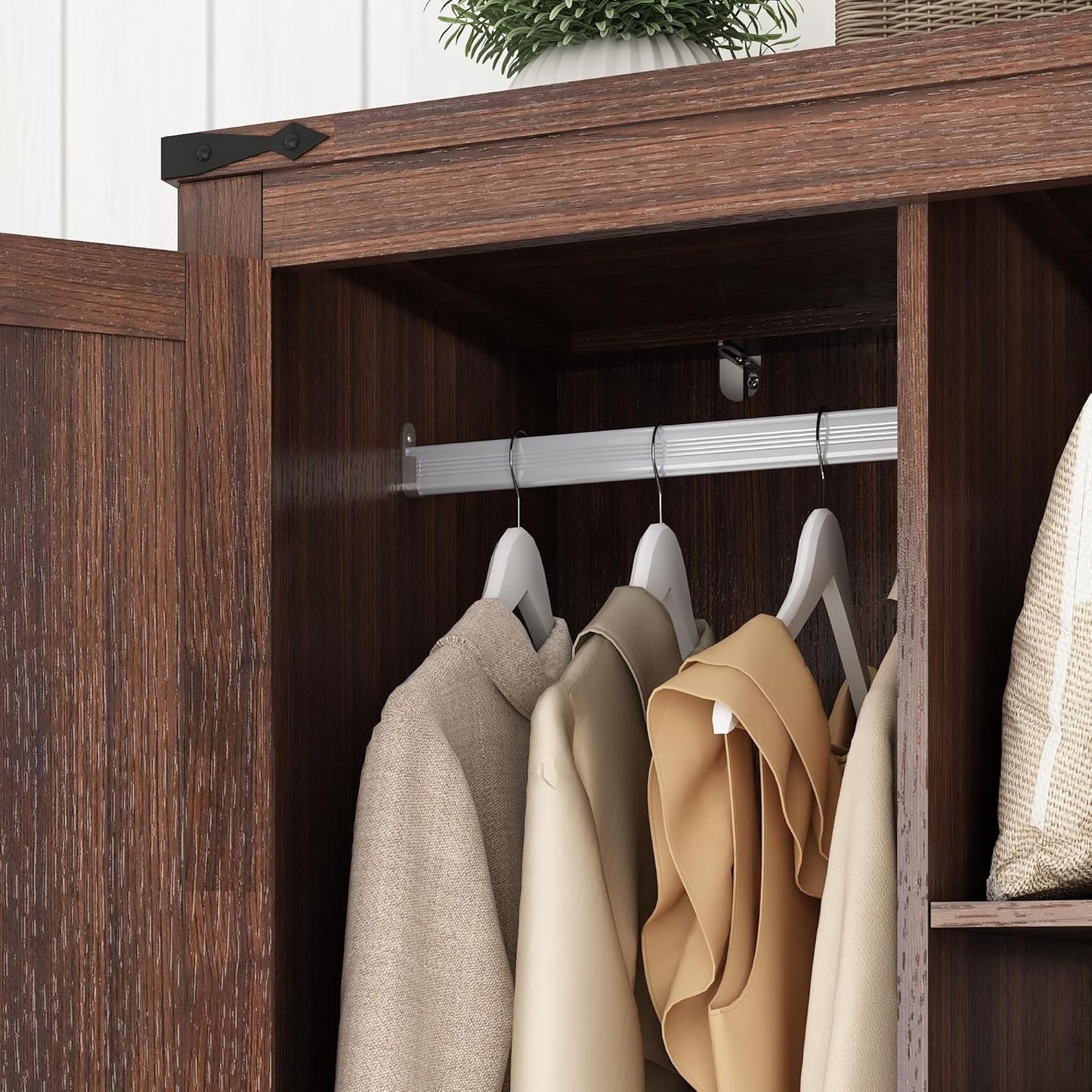 2 Doors Wardrobe Armoire Closet with Doors and Drawers, Farmhouse Wooden Armoire Storage Cabinet with Shelves & Hanging Rod for Bedroom, Brown