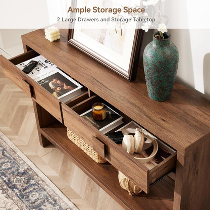 Console Table with Drawers, 40 Inch Narrow Entryway Table with Open Storage Shelves, Mid Century Modern Hallway Accent Tables behind Couch Table for Living Room (Vintage Brown)