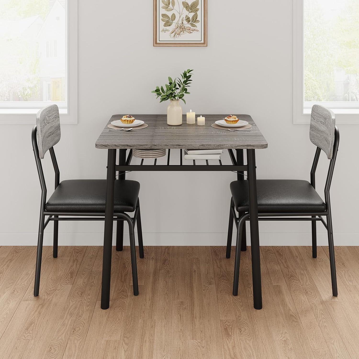 3-Piece Dining Table Set for 2 with Storage Rack, Wood Kitchen Table with Upholstered Chairs Set of 2, Small Square Table Set with Metal Legs Support, for Dining Room, Living Room