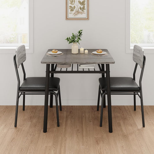 3-Piece Dining Table Set for 2 with Storage Rack, Wood Kitchen Table with Upholstered Chairs Set of 2, Small Square Table Set with Metal Legs Support, for Dining Room, Living Room