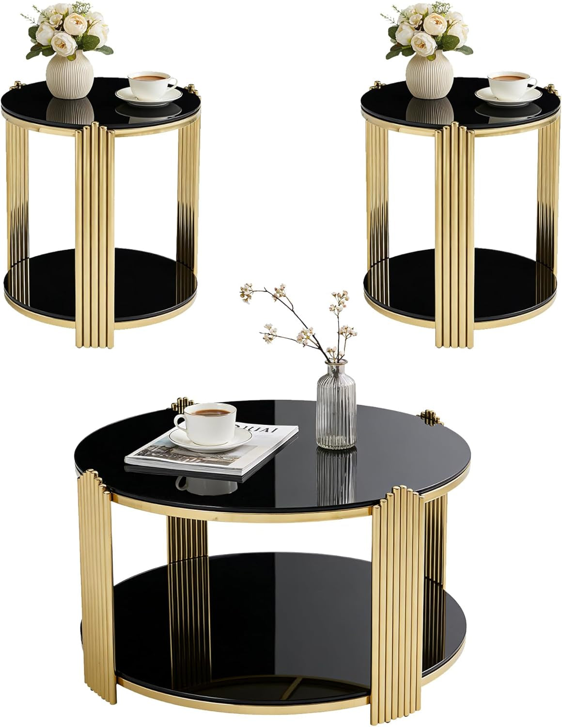 Round Living Room Table Set of 3 Include 1 Coffee Table and 2 End Tables, Black Tempered Glass Top, Sturdy Steel Frame, Gold Finish & Lower Shelf, Black Gold Coffee End Table Set for Living Room