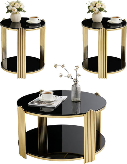 Round Living Room Table Set of 3 Include 1 Coffee Table and 2 End Tables, Black Tempered Glass Top, Sturdy Steel Frame, Gold Finish & Lower Shelf, Black Gold Coffee End Table Set for Living Room