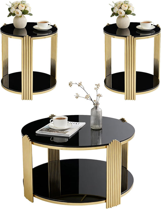 Round Living Room Table Set of 3 Include 1 Coffee Table and 2 End Tables, Black Tempered Glass Top, Sturdy Steel Frame, Gold Finish & Lower Shelf, Black Gold Coffee End Table Set for Living Room