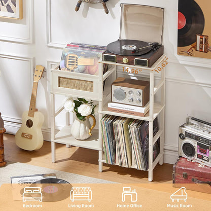 Record Player Stand, White Cream Oak Wood Record Holder with Vinyl Storage Holds up to 300+ Albums, 3-Tier Rattan Media Table with Vinyl Display Shelf, Record Storage Cabinet for Living Room