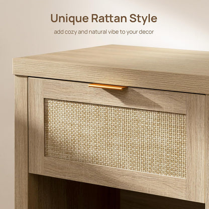 Rattan Nightstands Set of 2, Farmhouse Night Stand Bedside Table with Drawer and Storage Shelf - Boho End Side Table for Bedroom, Light Oak