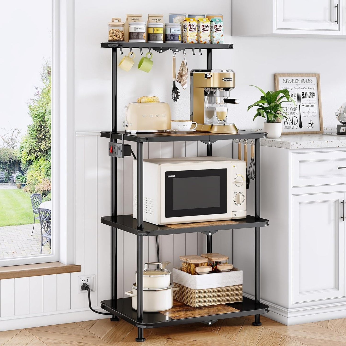 Kitchen Bakers Rack with Power Outlet - Easy & Tool-Free Assembly, Adjustable Coffee Bar Station 4 Tiers, Microwave Stand with 12 Hooks, Brown
