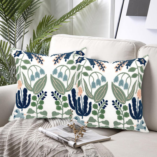 Summer Floral Embroidered Decorative Throw Pillow Covers 18"X 18" Set of 2, Farmhouse Navy Blue Flowers Green Leaves Tufted Patterned Cotton Cushion Cases for Couch Bed Living Room Decor