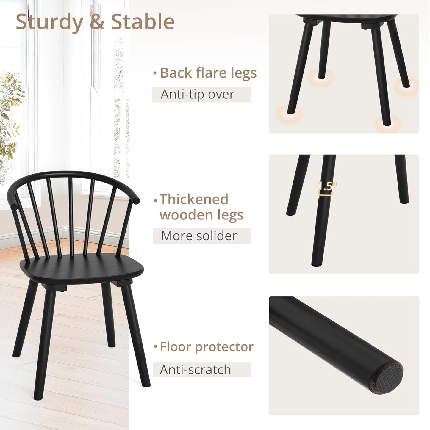 Black Dining Chairs Set of 4, Farmhouse Wood Dining Chairs with Semicircular Backrest, Spindle Dining Chair for Kitchen and Dining Room, 18 Inch