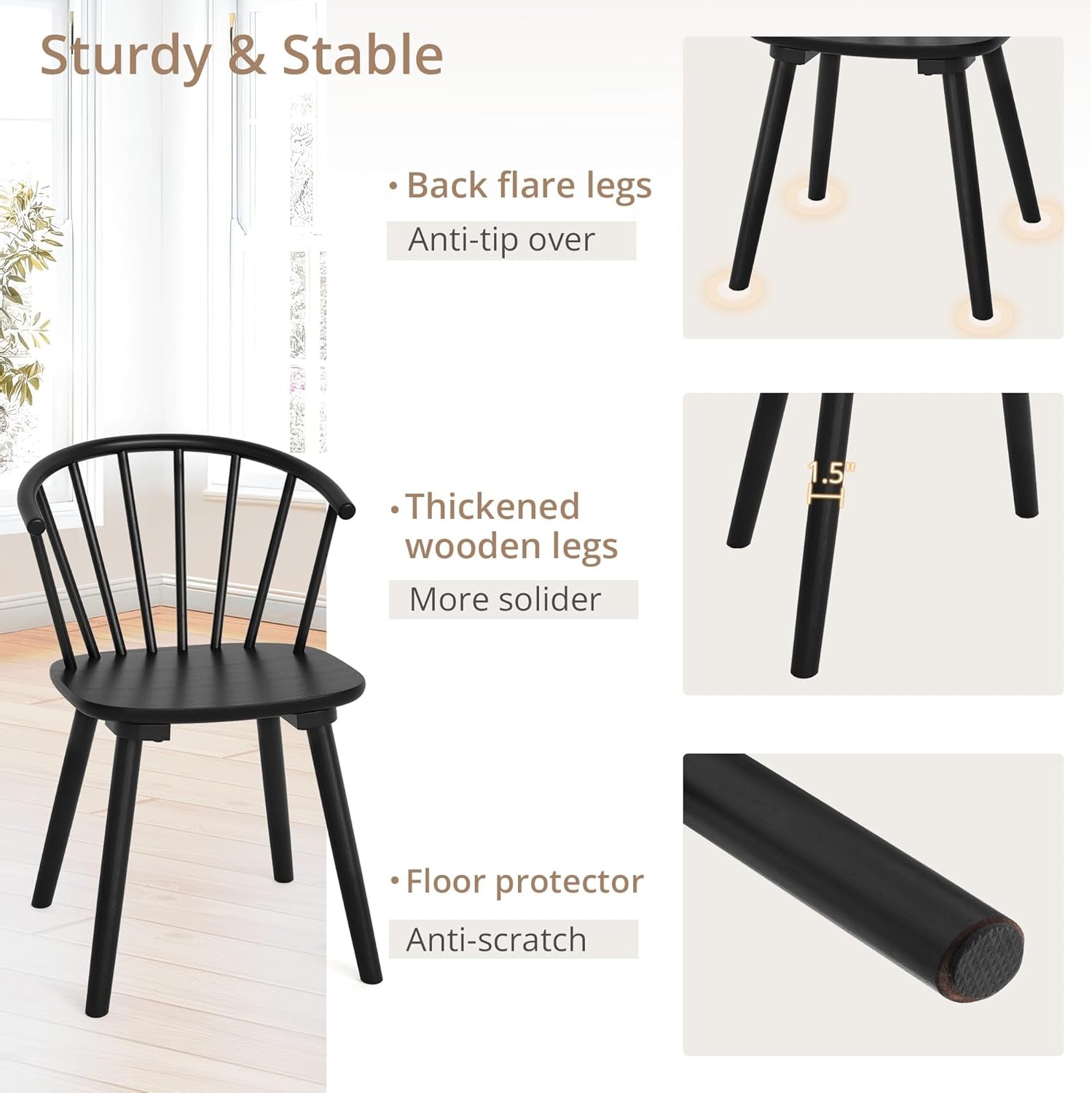 Black Dining Chairs Set of 4, Farmhouse Wood Dining Chairs with Semicircular Backrest, Spindle Dining Chair for Kitchen and Dining Room, 18 Inch