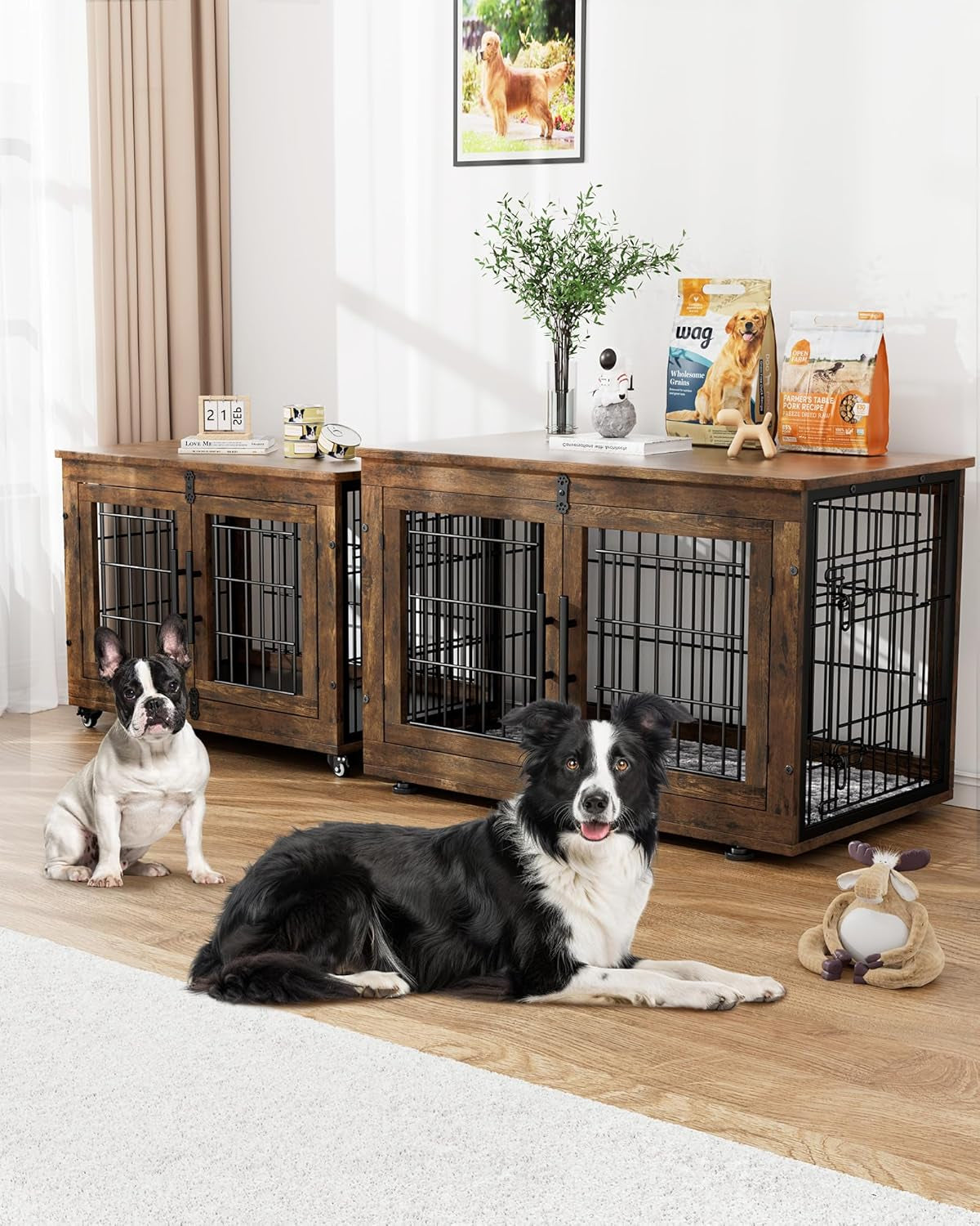 Dog Crate Furniture with Cushion, Wooden Dog Kennel Indoor with Double Doors, Dog Cage with Wheels, Dog House Side End Table for Large Dogs up to 85 Lb, 44" L, Grey