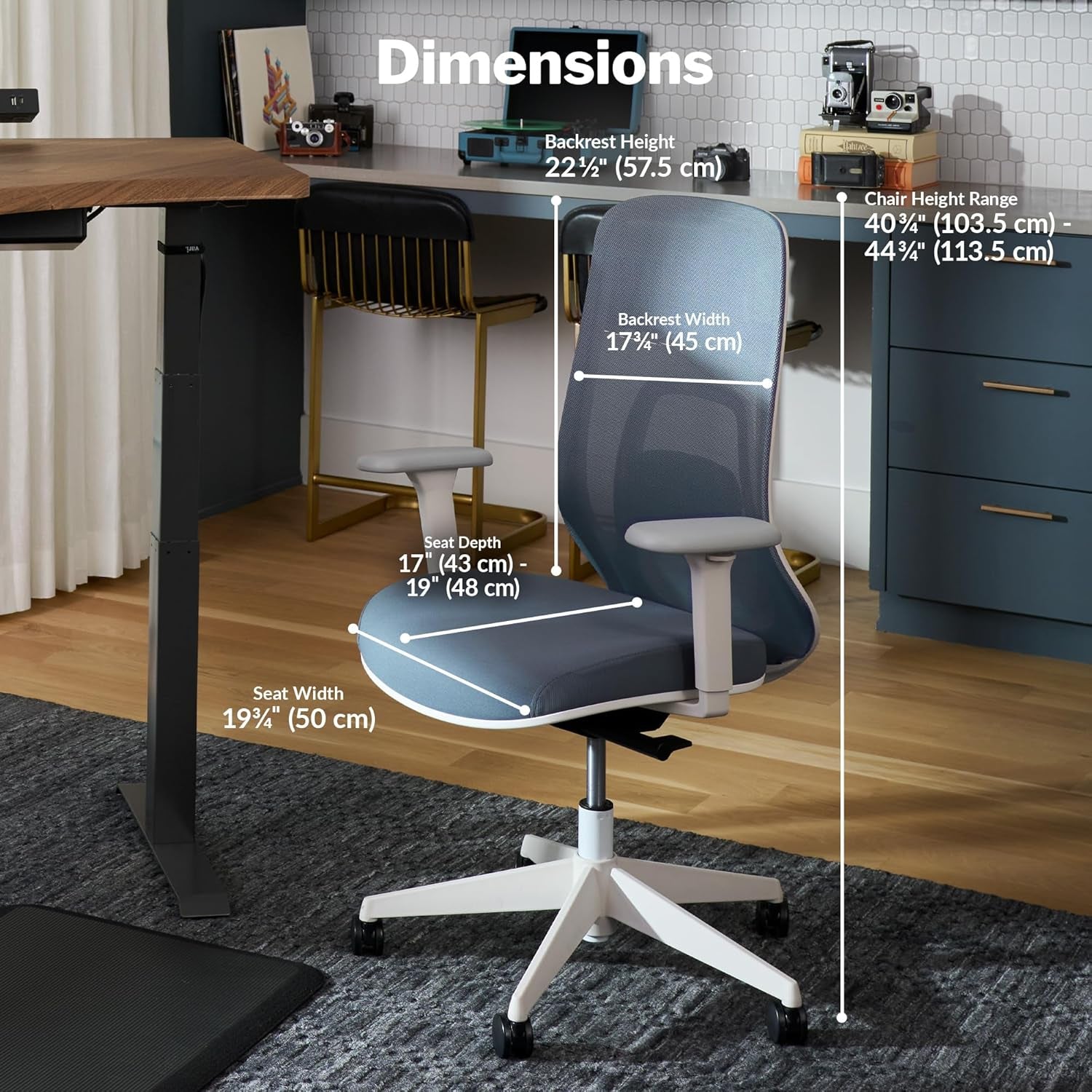 Ascent Ergonomic Desk Chair for Home Office with Wheels, Breathable Mesh Back, Lumbar Support, Adjustable Seat Depth & Height, 20 Degree Tilt Function – Easy Assembly (Cloud White/Steel Blue)