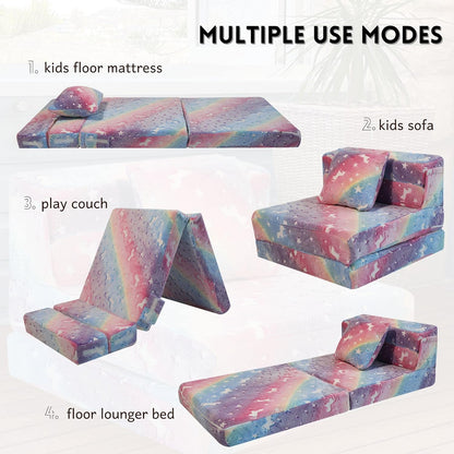 Glow Rainbow Unicorn Tri-Fold Sofa Bed for Kids, Foldable Futon Mattress, Chair, and Floor Couch for Playroom