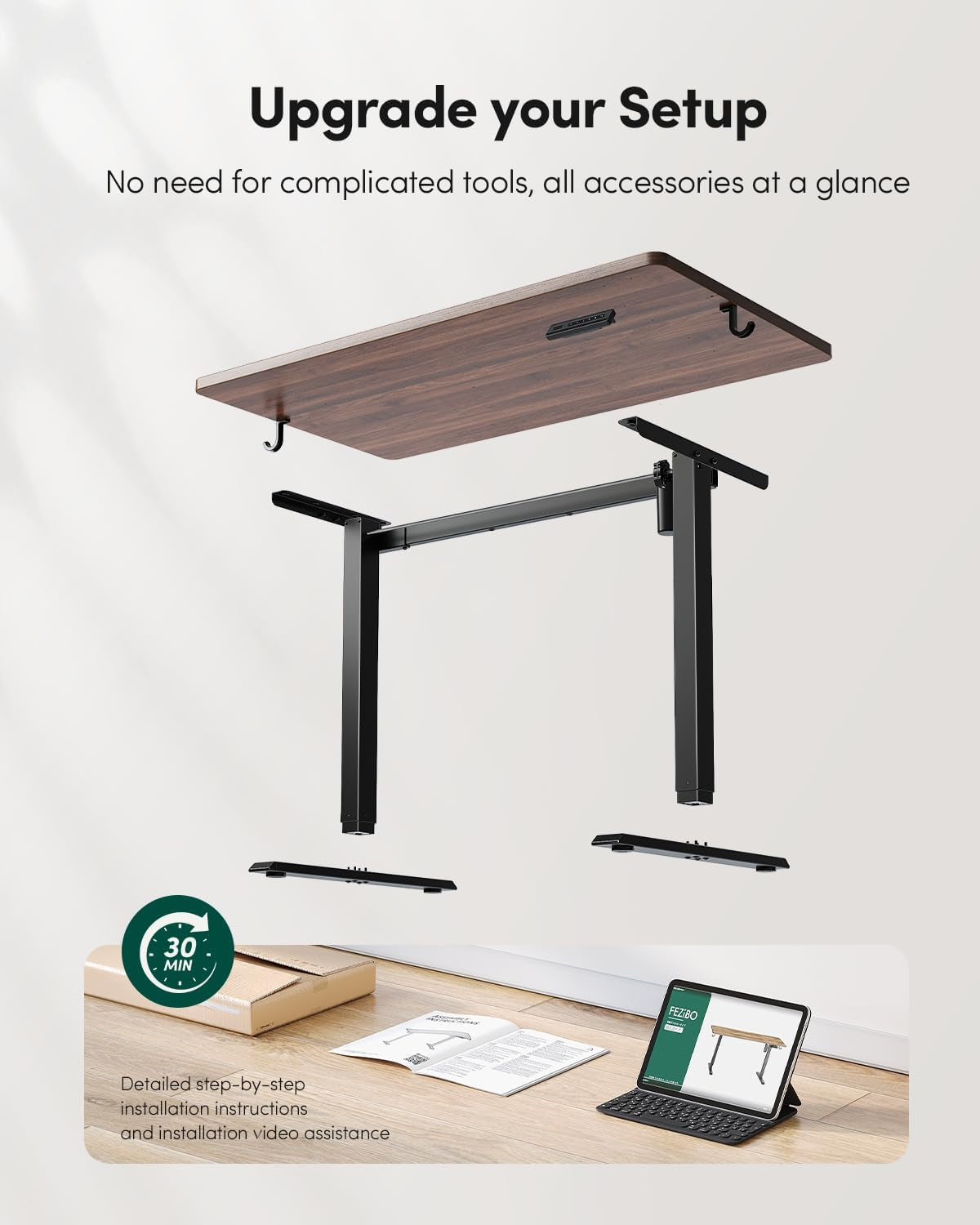 One-Piece Standing Desk Adjustable Height Stand up Home Office Desk, 32X20 Inch Electric Standing Computer Desk, with 4 Memory Presets, Headphone Hook, Light Rustic