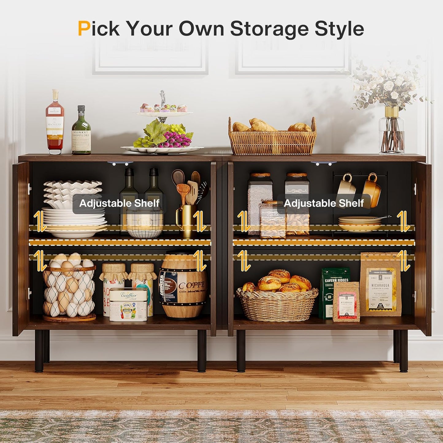 Set of 2 Sideboard Buffet with Storage, 59" Buffet Sideboard Cabinet with Adjustable Shelves, Accent Storage Cabinet for Living Room, Dark Brown