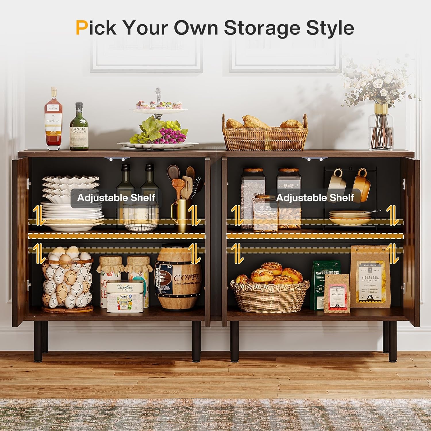 Set of 2 Sideboard Buffet with Storage, 59" Buffet Sideboard Cabinet with Adjustable Shelves, Accent Storage Cabinet for Living Room, Dark Brown