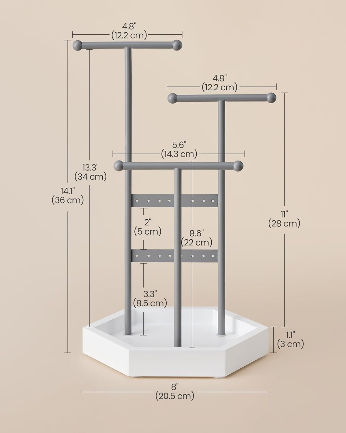 Jewelry Holder, Jewelry Organizer, 3 Tiers and 1 Tray, Jewelry Display Stand with Metal Frame, Necklace Earring Bracelet Holder, for Rings, Dove Gray and Cloud White UJJS003G01