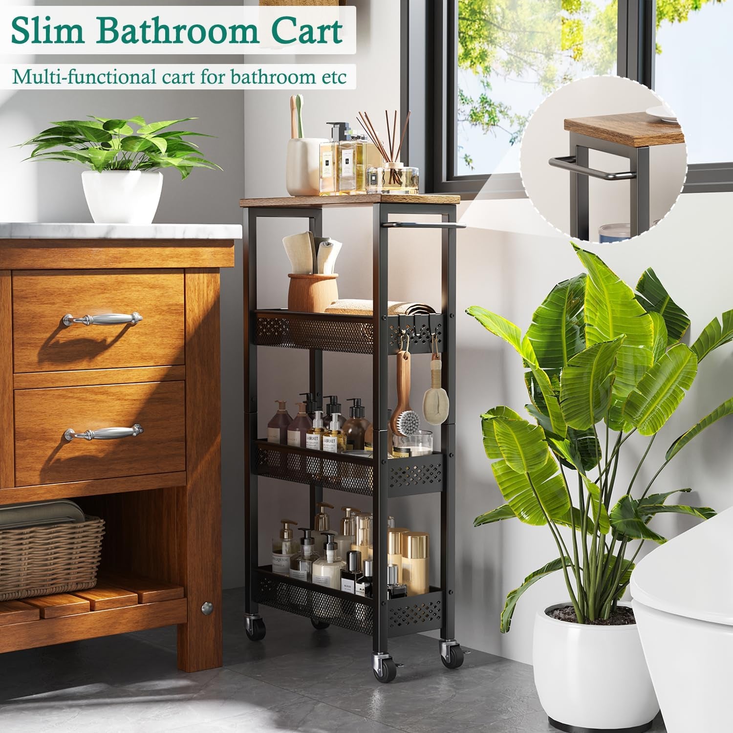 Slim Storage Cart 4 Tier Narrow Kitchen Rolling Cart on Wheels for Small Space, Mobile Utility Cart Shelving Unit with Wooden Top and Metal Handle for Kitchen, Bathroom, Laundry Room