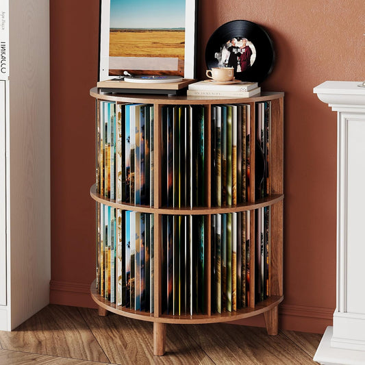 3-Tier Vinyl Record Storage Half round Mid Century Vintage Player Table with Spacious Storage Turntable Stand Perfect for Living Room Bedroom (Walnut, L-27.5)