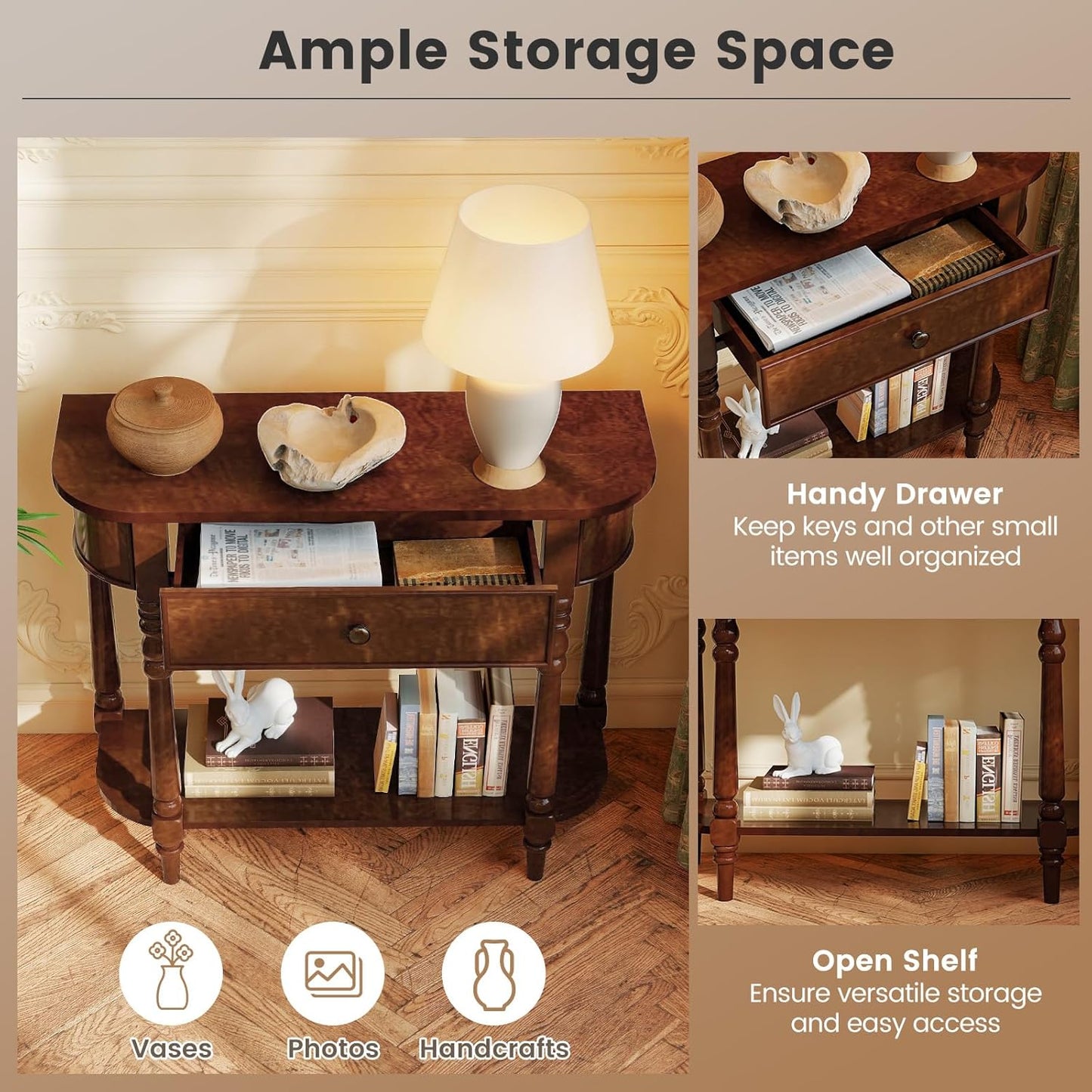 2-Tier Console Table, 36" Retro Entryway Table with Storage Drawer & Elegant Legs, Narrow Wooden Sofa Table with Open Shelf for Living Room, Foyer, Hallway, Bedroom, Entrance (Brown)