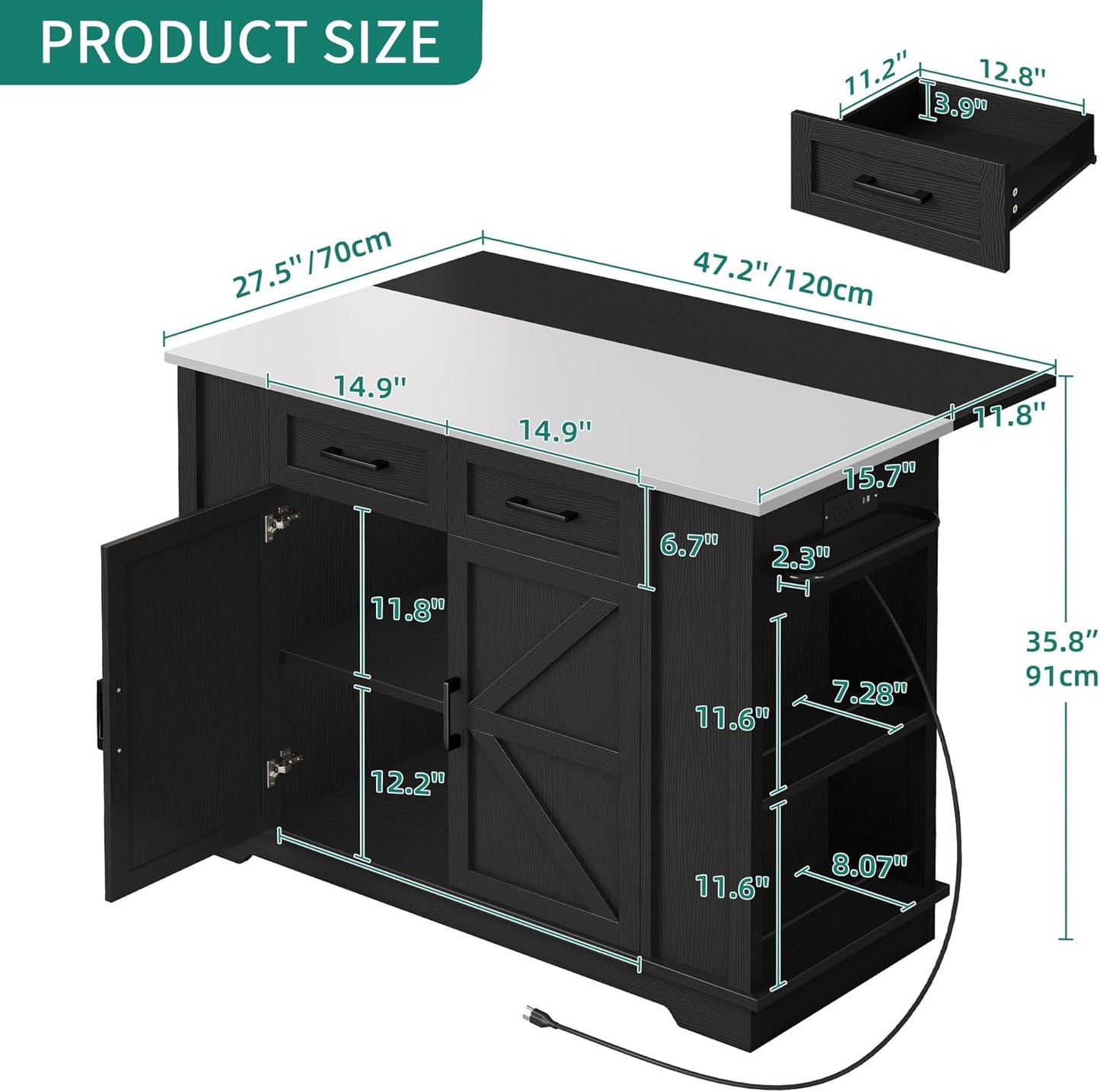 Kitchen Island with Drop Leaf, 47 Inch Mobile Stroage Islands with Stainless Steel Top, Rolling Island Table with Power Outlet, Adjustable Shelves, Spice Rack, Towel Rack for Kitchen, Black