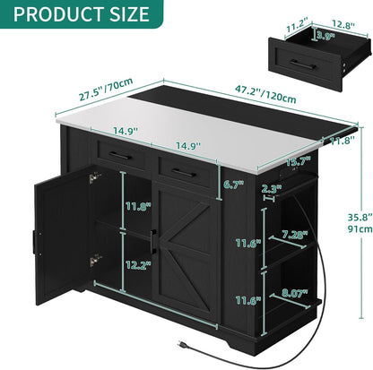 Kitchen Island with Drop Leaf, 47 Inch Mobile Stroage Islands with Stainless Steel Top, Rolling Island Table with Power Outlet, Adjustable Shelves, Spice Rack, Towel Rack for Kitchen, Black