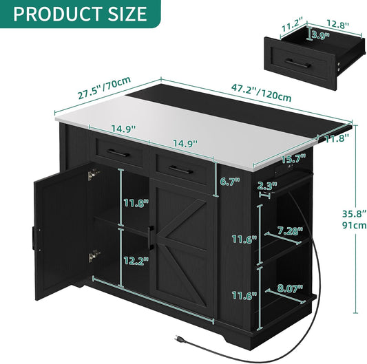 Kitchen Island with Drop Leaf, 47 Inch Mobile Stroage Islands with Stainless Steel Top, Rolling Island Table with Power Outlet, Adjustable Shelves, Spice Rack, Towel Rack for Kitchen, Black