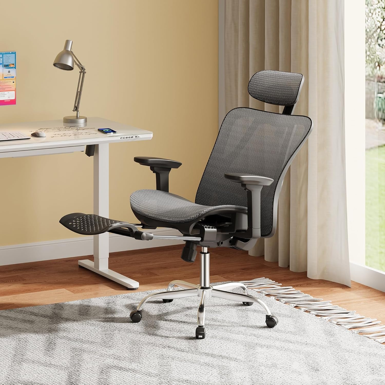 Ergonomic Mesh Office Desk Chair, Retractable Footrest and Adjustable Lumbar Support, Comfy High Back Reclining Computer Gaming Chair, Tilt Function, Heavy Duty, SGS Class 4 Gas Lift, Grey