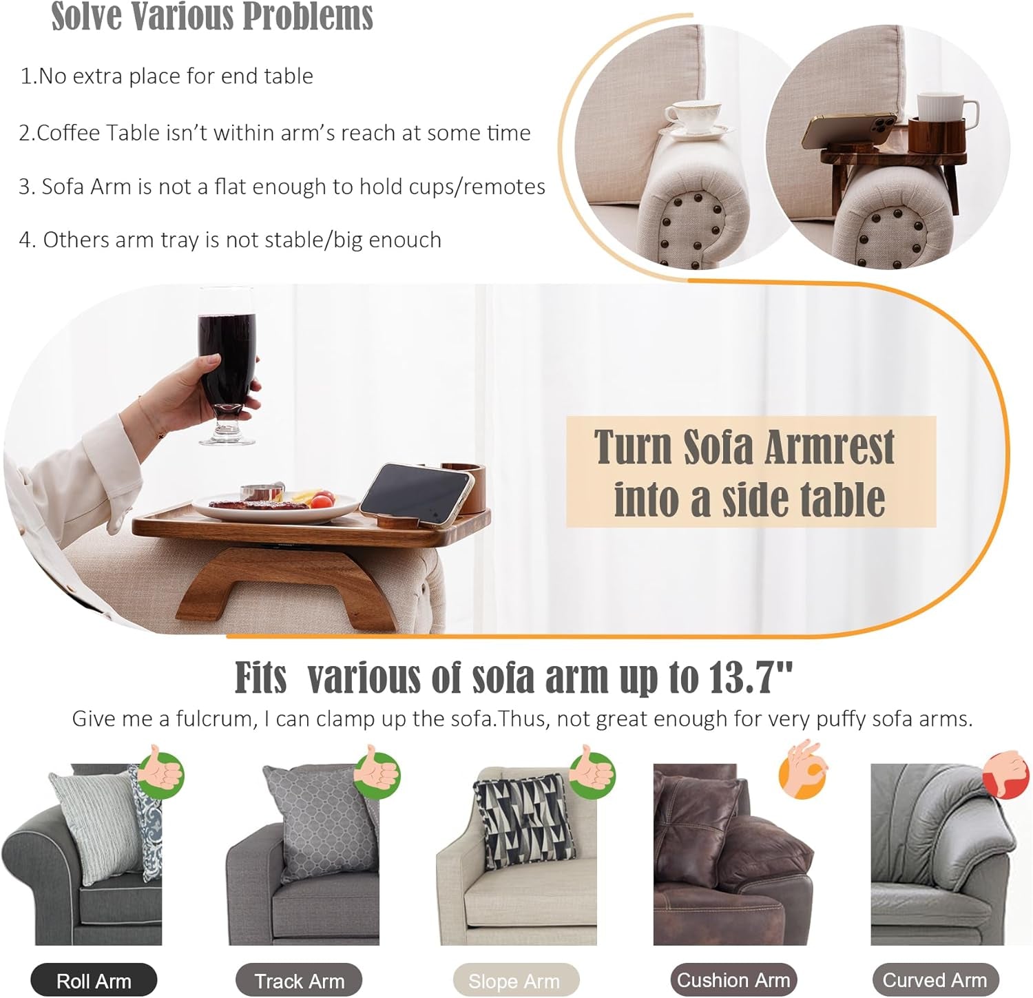 Couch Cup Holder Tray, 3 in 1 Large 15.36"X9.85" Acacia Wood Sofa Arm Clip on Tray Table with 360°Rotated Phone Holder on Armrest