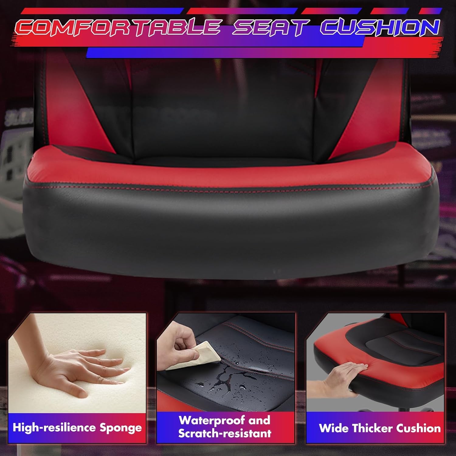 Computer Gaming Chair - PU Leather Ergonomic Lumbar Support with Flip-Up Armrest and 360° Swivel Wheels, Height Adjustable Task Home Office Desk Video Racing, Red