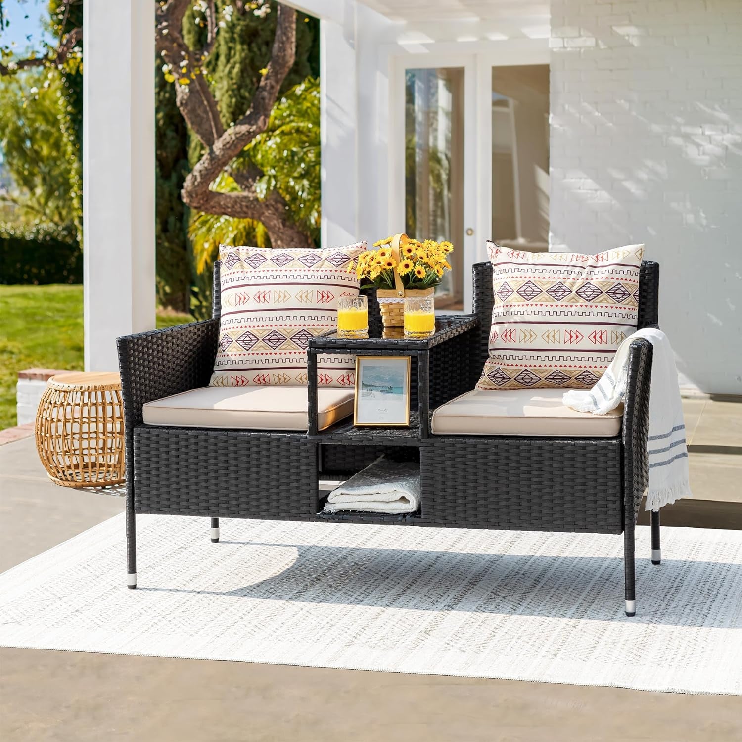 Outdoor Patio Loveseat Modern Rattan 2-Seat Patio Conversation Set with Cushions & Built-In Coffee Table Porch Furniture for Garden Lawn Backyard (Beige)