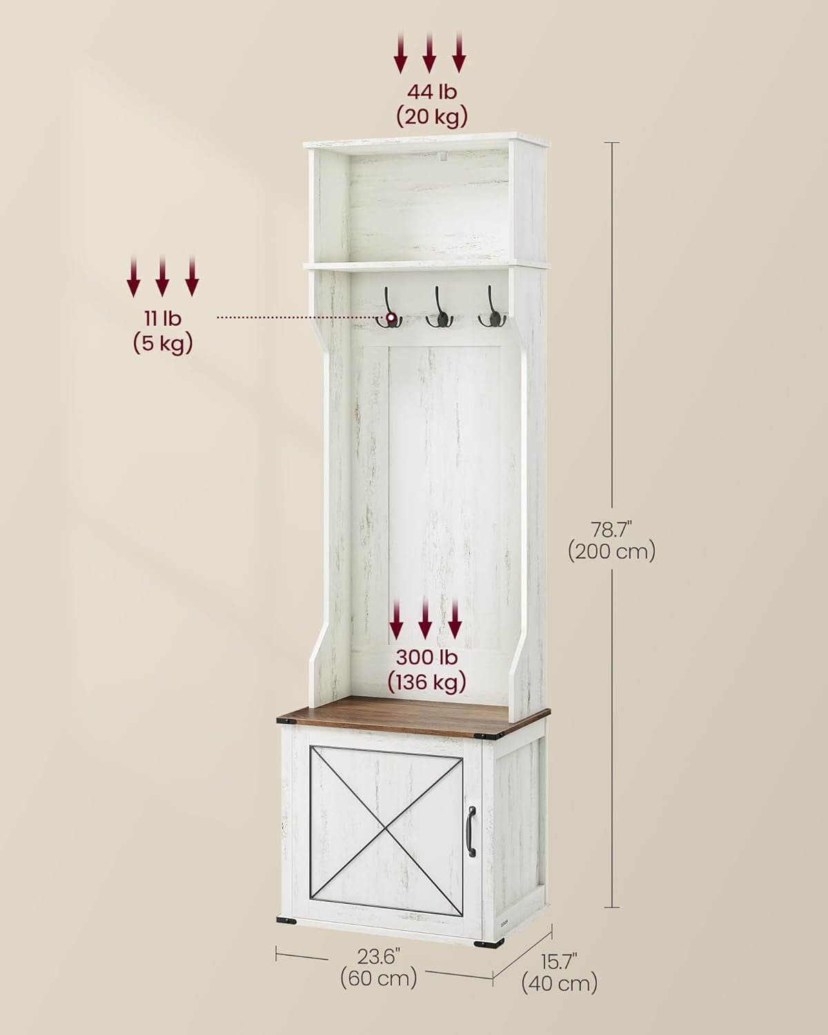 Hall Tree with Bench and Shoe Storage, Coat Rack with Shoe Bench, Entryway Furniture, 3 Tri-Hooks, Door with Handle, Farmfouse Style, Space Saving, Rustic White and Honey Brown UHSR441W01