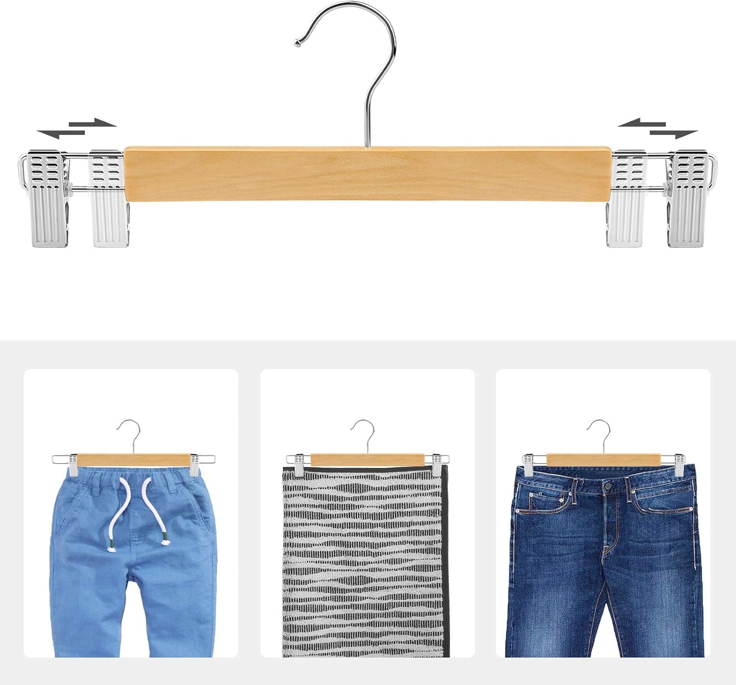 Wooden Pants Hangers 12 Pack, Pants Hangers with Clips, Adjustable Anti-Rust Metal Clips, 360° Swivel Hook, Skirt Hangers for Pant, Skirts, Natural Grain UCRW008-12