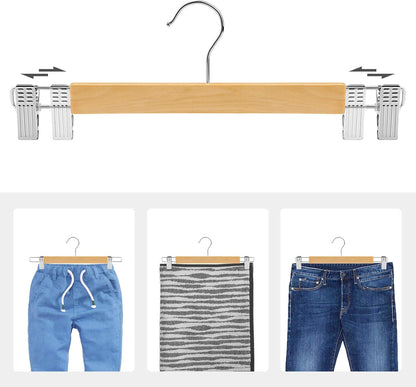 Wooden Pants Hangers 12 Pack, Pants Hangers with Clips, Adjustable Anti-Rust Metal Clips, 360° Swivel Hook, Skirt Hangers for Pant, Skirts, Natural Grain UCRW008-12