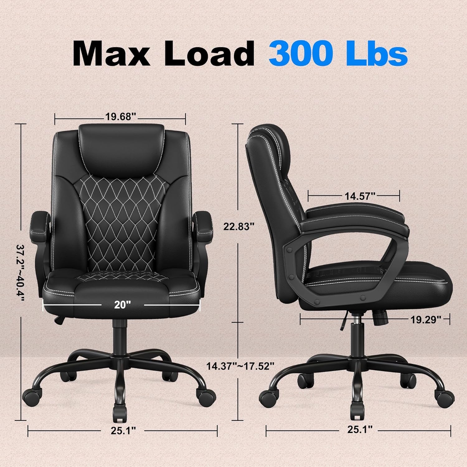 Office Chair, Executive Desk Chair, PU Leather Comfortable Executive Chairs with Fixed Armrest, Adjustable Height, Rocking Function, 360° Swivel Wheels, Black