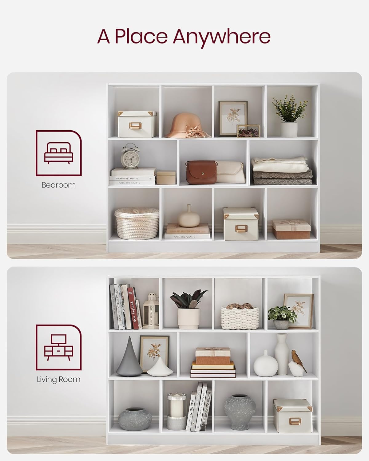 Bookcase, Bookshelf, Freestanding Storage Unit, 11 Open Compartments, Used Horizontally, Vertically, Upside Down, 11.8 X 49.6 X 39.4 Inches, for Living Room, Study, Office, White ULBC054T14