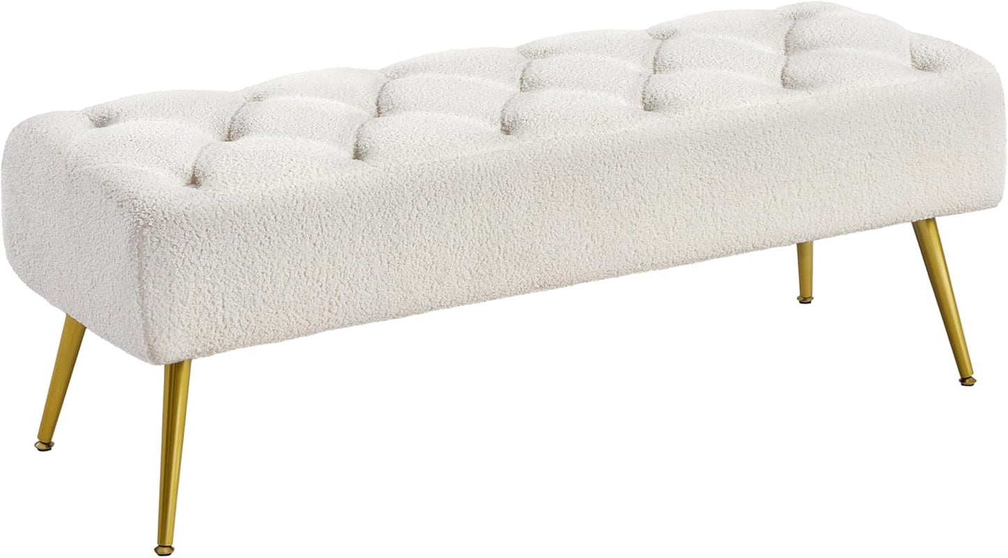Modern Ottoman Bench Boucle Bench Upholstered Footrest for Living Room with Gold Metal Legs and Padded Seat Ivory