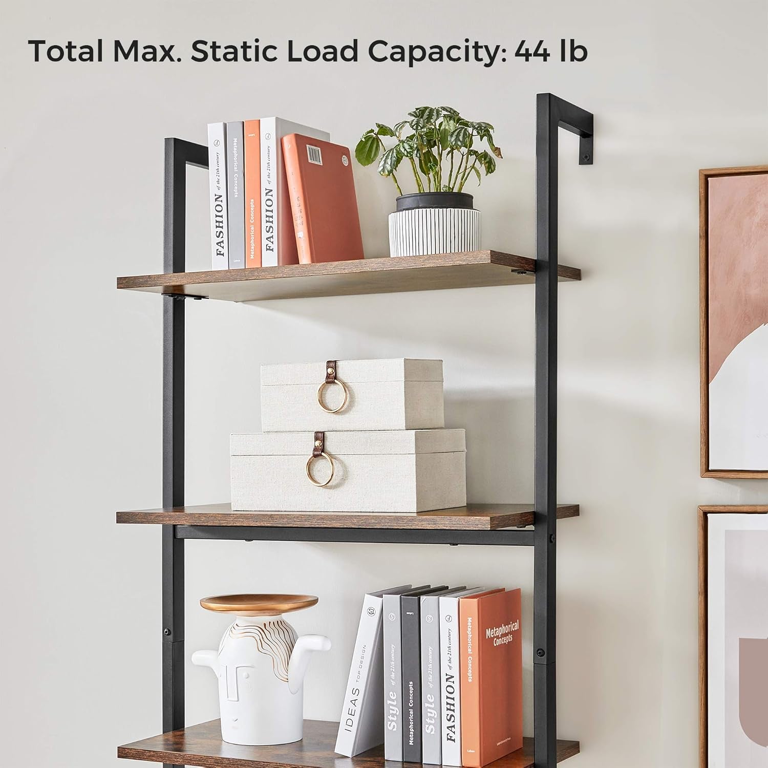 Industrial Ladder Shelf, 5-Tier Bookshelf, Wood Wall Mounted Shelf, Storage Rack Display Shelves for Living Room, Home Office, 23.6 X 11.8 X 67.7 Inches, Rustic Brown and Black ULLS102B01