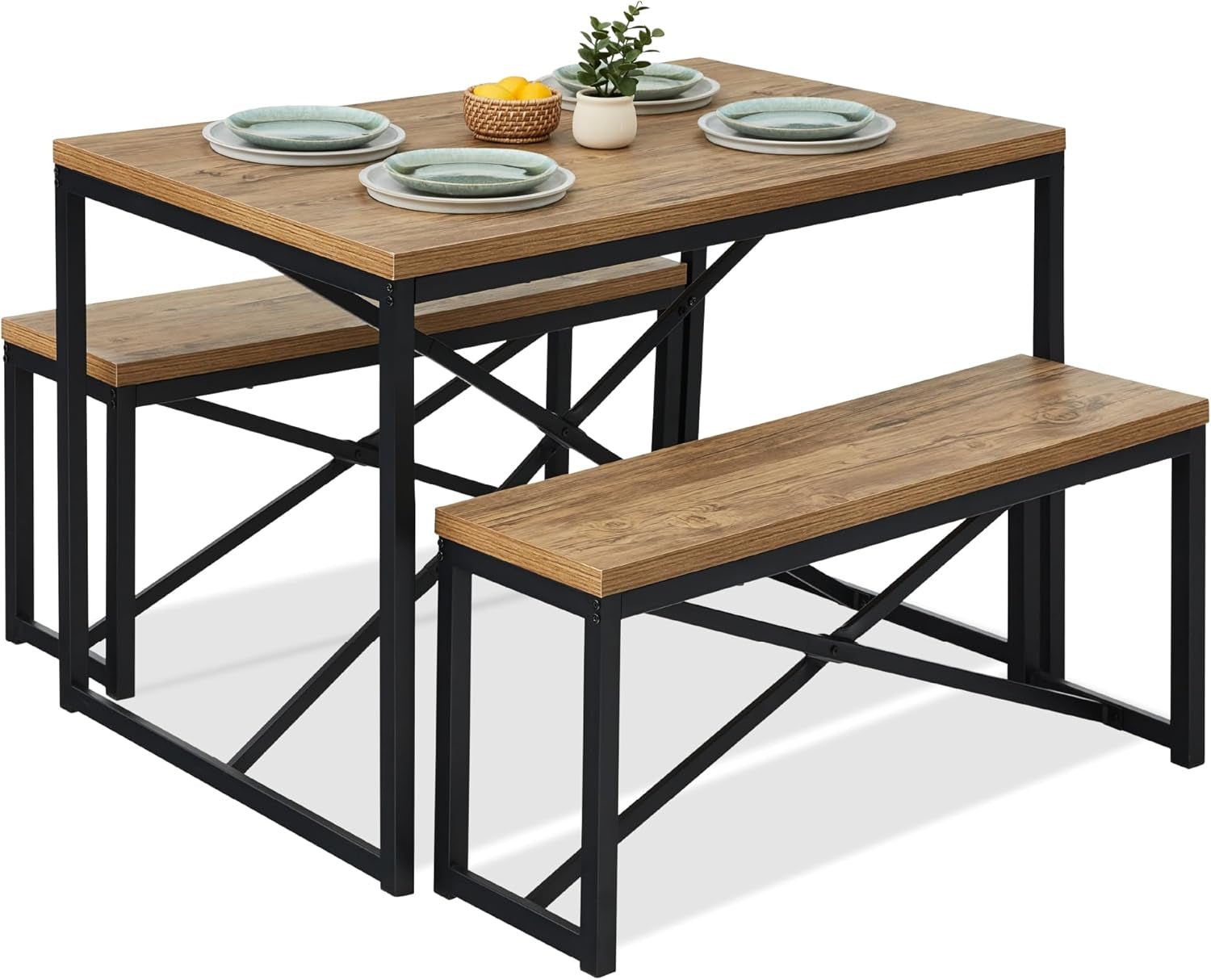 45.5In 3-Piece Bench Style Dining Furniture Set, 4-Person Space-Saving Dinette for Kitchen, Dining Room W/ 2 Benches, Table - Light Brown/Black